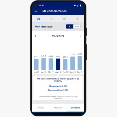 Capture d’écran de l’application EDF Dom & Corse, page « Mon historique » affichant un graphique de la consommation électrique mensuel